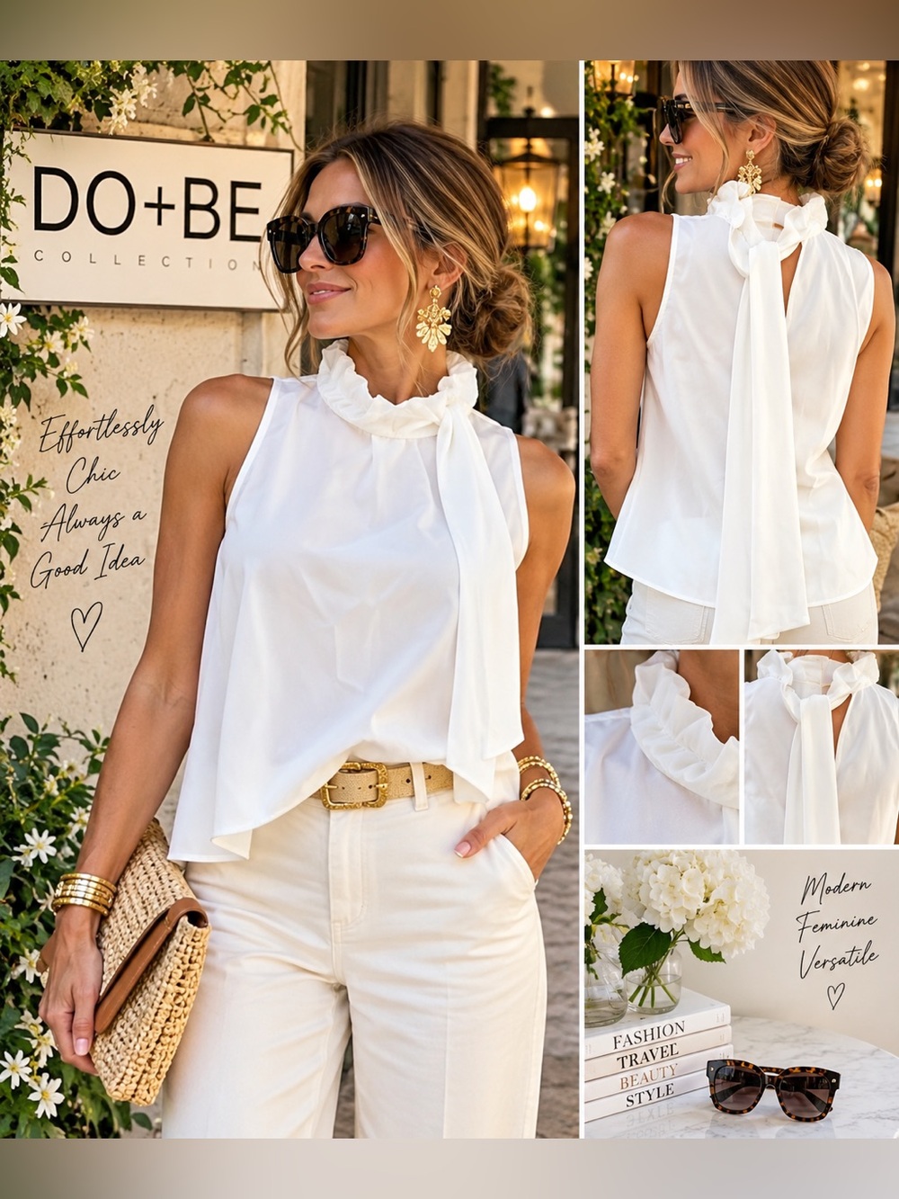 Do +Be, Ruffled-Neck Elegant White Sleeveless Top,HUGE Bow in Back, EUC,Size S